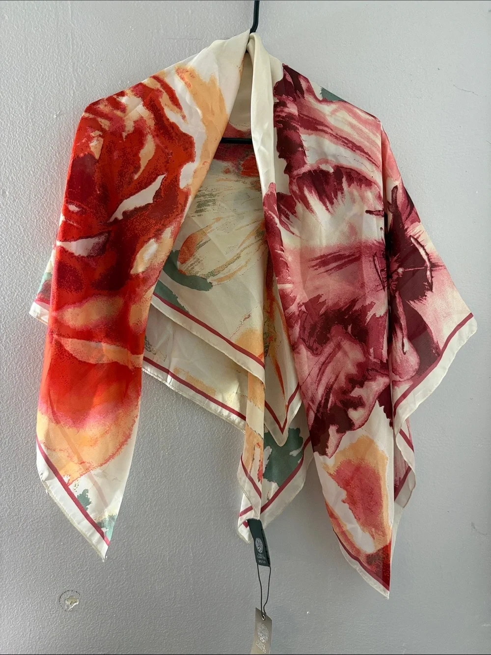 Vince Camuto Floral Watercolor Silk-Feel Scarf in Red and Cream - Elegant Accent